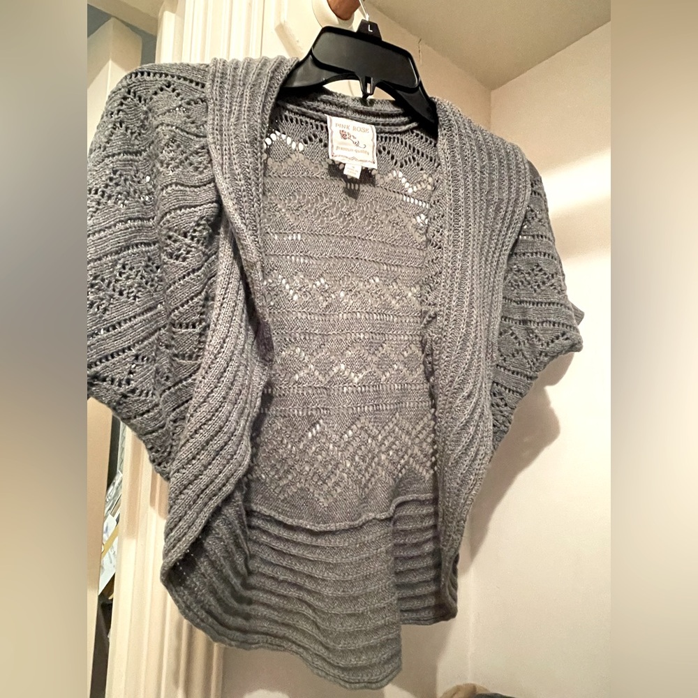 Grey Short Sleeve Overlay Sweater-Cardigan